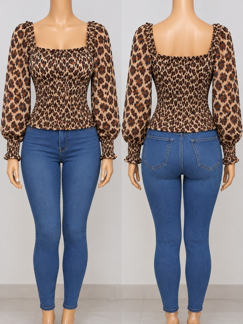Caroline Constas Brown Leopard Smocked Square Neck Blouse